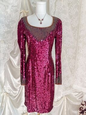 Vintage Niteline Sequin Beaded Dress 90s Burgundy Glam Party Prom Dress